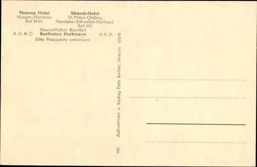 Ak Husum in Nordfriesland, Thomas Hotel, Strand Hotel St Peter Ording
