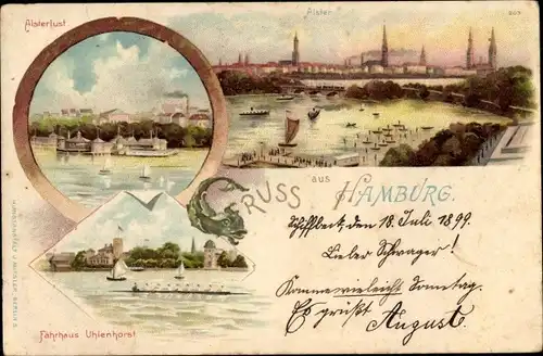 Litho Hamburg Mitte Altstadt, Alsterlust, Fährhaus Uhlenhorst, Alster, Panorama