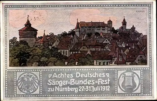 Ganzsachen Künstler Ak Kröger, Nürnberg in Mittelfranken, 8. Dt. Sängerbundesfest 1912, Panorama