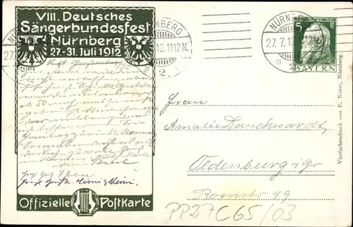 Ganzsachen Künstler Ak Kröger, Nürnberg in Mittelfranken, 8. Dt. Sängerbundesfest 1912, Panorama