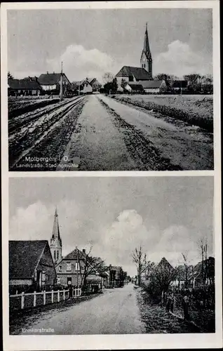 Ak Molbergen in Oldenburg, Landstraße Stedingmühle, Emkerstraße, Kirche, Wohnhäuser