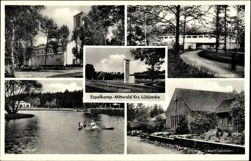 Ak Mittwald Espelkamp in Ostwestfalen Lippe, Kirche, Waldschule, Badeteich, Martinskirche, Südtor