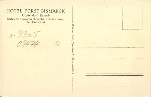 Ak Crottendorf im Erzgebirge, Hotel Fürst BIsmarck