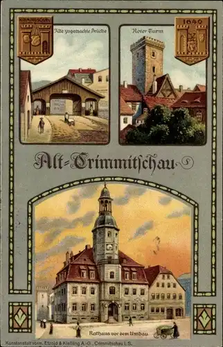 Litho Crimmitschau in Sachsen, Roter Turm, gedeckte Brücke, Rathaus, Stadtrechtsfeier 1914