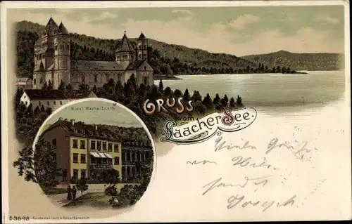 Litho Glees Eifel Rheinland Pfalz, Hotel Maria Laach, Kirche, Laacher See