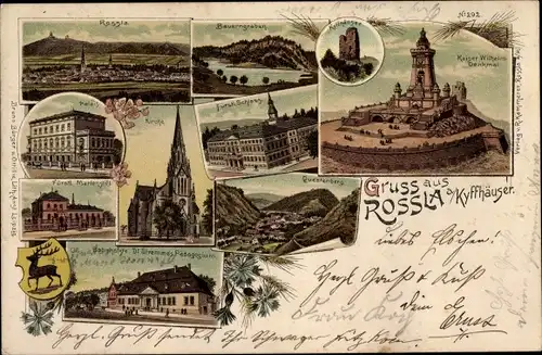 Litho Roßla am Harz, Kirche, Palais, Marienstift, Pädagogium, Schloss, Kyffhäuser Denkmal