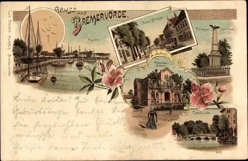 Litho Bremervörde in Niedersachsen, Hafen, Neue Straße, Ackerbauschule, Ostebrücke, Kriegerdenkmal