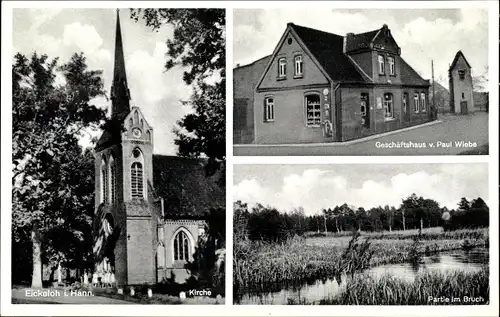Ak Eickeloh in Niedersachsen, Kirche, Geschäftshaus, Partie im Bruch