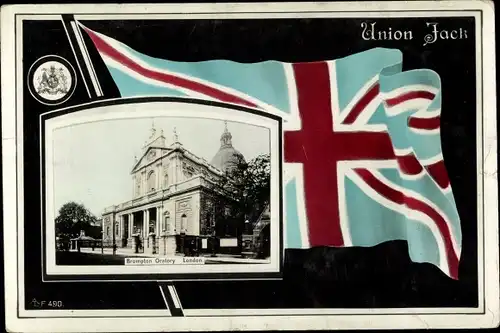 Ak London City England, Brompton Oratory, Union Jack, Flagge