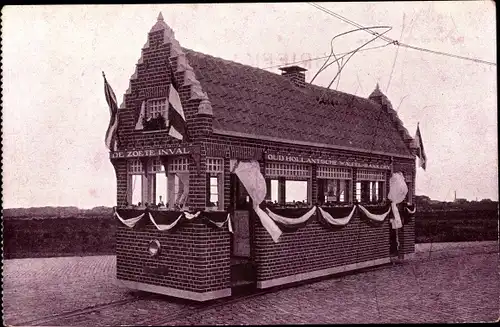 Ak Scheveningen Den Haag Südholland, De Oud Hollandsche Wafelkraam, geschmückte Straßenbahn