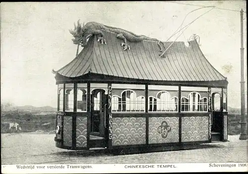 Ak Scheveningen Den Haag Südholland, Chineesche Tempel, Wedstrijd vor versierde Tramwagens