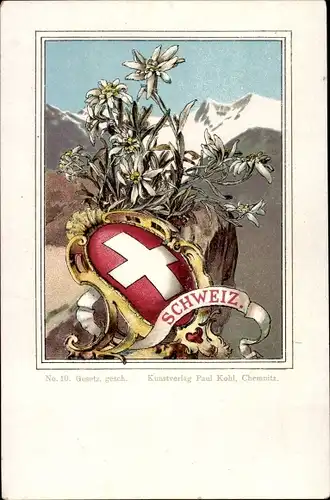 Wappen Litho Schweiz, Landeswappen, Edelweiß, Gebirge