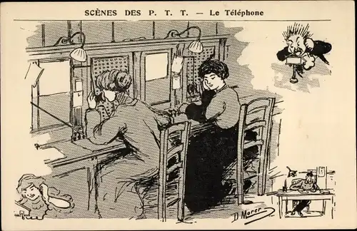 Künstler Ak Morer, D., Scenes des PTT, le Telephone, Telefonvermittlung, Telefonistinnen