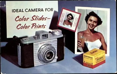 Ak Reklame, Fotoapparat und Filmrolle, Kodak Pony 828, Kodachrome, Frauenportrait