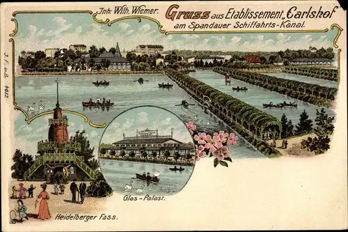 Litho Berlin Charlottenburg, Etablissement Carlshof, Spandauer Schifffahrts Kanal, Glaspalast, Fass