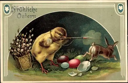 Präge Litho Glückwunsch Ostern, Küken schießt auf einen Hasen, Ostereier, Weidenkätzchen