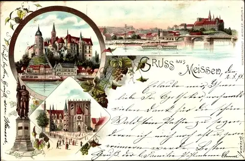 Litho Meißen an der Elbe, Denkmal, Schloss, Blick auf den Ort