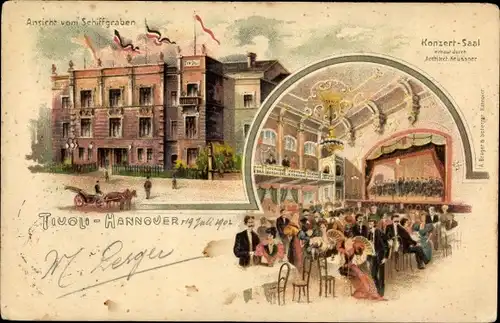 Litho Hannover in Niedersachsen, Tivoli vom Schiffgraben gesehen, Konzertsaal