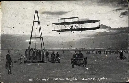 Ak Aeroplane Wilbur Wright, Autour du Pylone, Biplan, Pilot, Flugpionier, Abwurfvorrichtung