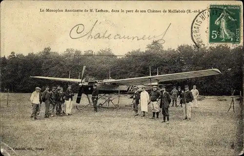 Ak Maillebois Eure et Loir, Le Monoplan Antoinette de M. Latham, dans le parc de son Chateau