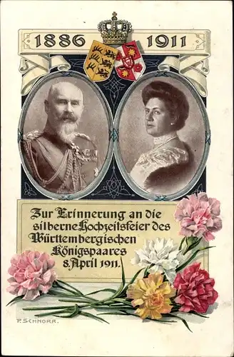 Ak König Wilhelm II. von Württemberg, Marie zu Waldeck und Pyrmont, Silberhochzeit 1911, Wappen