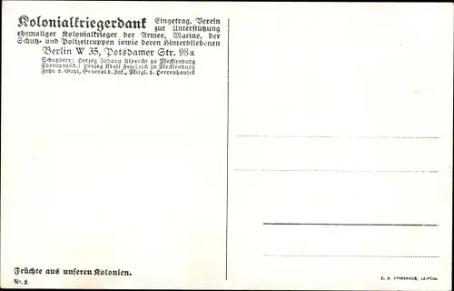 Künstler Ak Früchte aus deutschen Kolonien, Mais, Ananas, Bananen, Kolonialkriegerdank