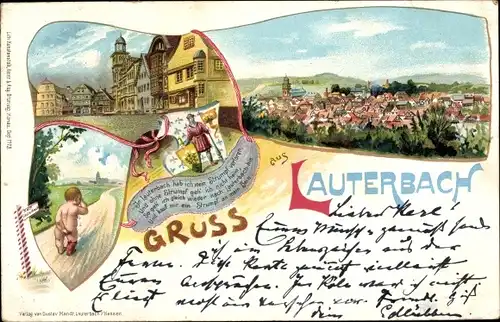 Wappen Litho Lauterbach an der Lauter Vogelsbergkreis, Strumpf verloren, weinendes Kind, Panorama