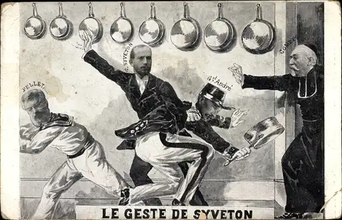 Künstler Ak Le Geste de Syveton, General André, Gabriel Syveton, Combes, Pelletan, Karikatur