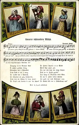 Lied Künstler Ak Schneider, Rud., Unnere schännsten Mähd, Wilhelm Vogel, R. Ficker, Erzgebirge