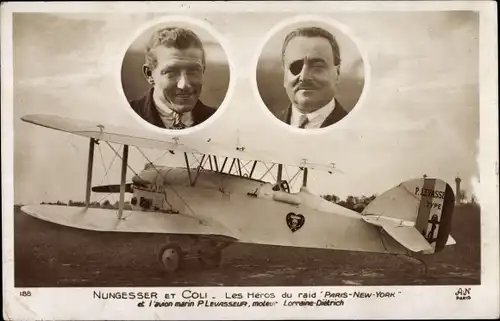 Ak Nungesser et Coli, Hes Heros du raid Paris New York, avion marin P. Levasseur