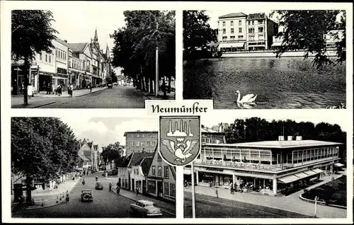 Wappen Ak Neumünster in Holstein, Straßenpartie, Uferpartie, Karstadt, Konditorei