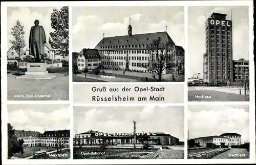 Ak Rüsselsheim am Main Hessen, Rathaus, Adam Opel Denkmal, Opel Bahnhof, Stadthalle