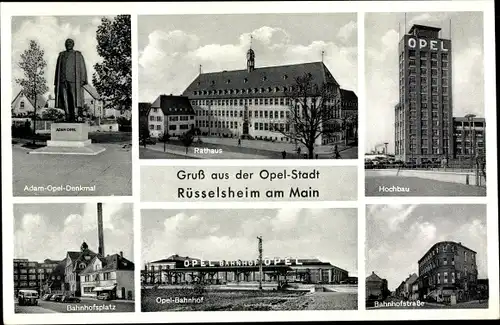 Ak Rüsselsheim am Main Hessen, Adam Opel Denkmal, Rathaus, Bahnhof