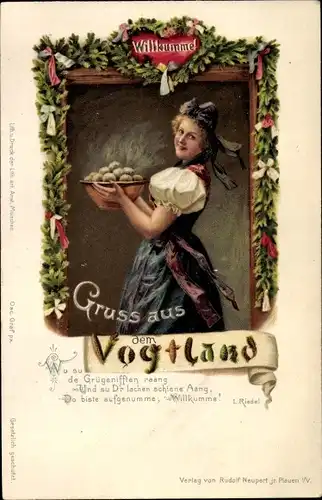 Ak Tracht aus dem Vogtland, Willkumme, Frau mit Klößen