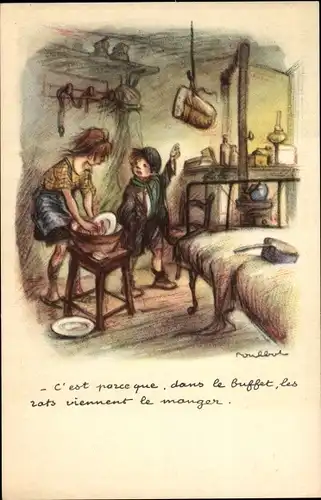 Künstler Ak Poulbot, Mädchen spült Geschirr, Hängendes Brot, Ligue nationale contre le taudis