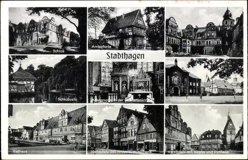 Ak Stadthagen im Kreis Schaumburg, Amtspforte, Schlosshof, Marktplatz, Rathaus