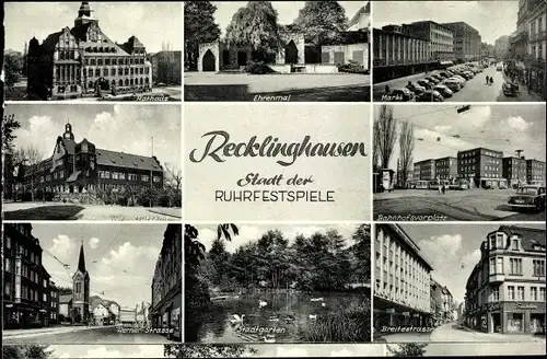 Ak Recklinghausen im Ruhrgebiet, Rathaus, Ehrenmal, Markt, Kreisverkehrsamt, Stadtgarten