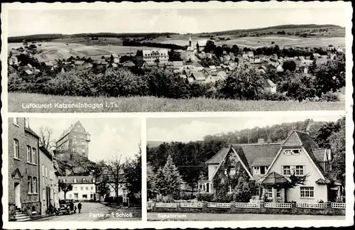 Ak Katzenelnbogen im Taunus, Panorama, Partie mit Schloss, Sanatorium