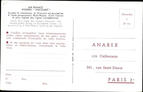 Ak Französisches Passagierflugzeug, Air France, Vickers Viscount