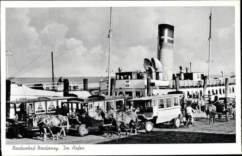 Ak Norderney in Ostfriesland, Partie am Hafen, Dampfer, Kutschen