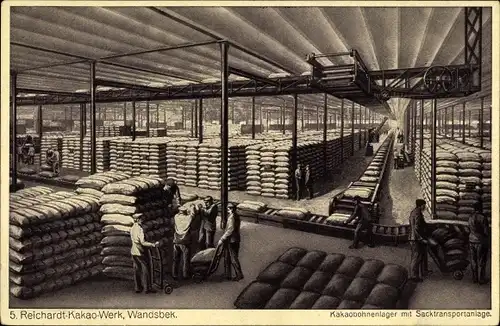 Ak Hamburg Wandsbek, Reichardt-Kakao-Werk, Kakaobohnenlager mit Sacktransportanlage