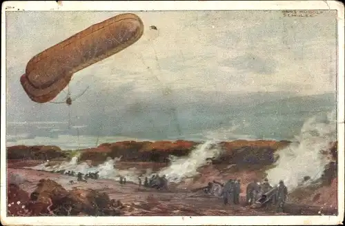 Künstler Ak Schulze, Hans Rudolf, Fesselballon der Deutschen Luftflotte im I. WK, Artillerie