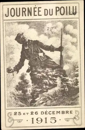 Künstler Ak Journée du Poilu, 25 et 26 Décembre 1915, französischer Soldat wirft Handgranate