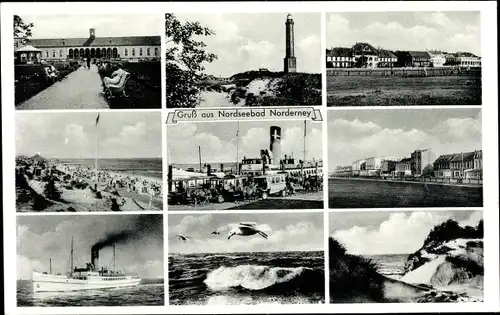Ak Nordseebad Norderney Ostfriesland, Leuchtturm, Straßenpartie, Strand, Dampfer, Möwe
