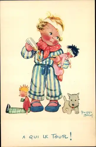 Künstler Ak Mallet, Beatrice, Kind mit Puppen, Hund