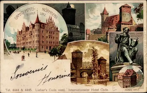 Litho Nürnberg in Mittelfranken Bayern, Grand Hotel, Henkersteg, Hans Sachs Monument, Dürerhaus