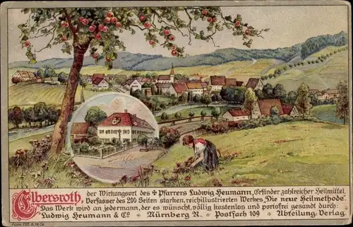 Litho Elbersroth Herrieden in Mittelfranken, Blick zum Ort, Mädchen pflückt Blumen