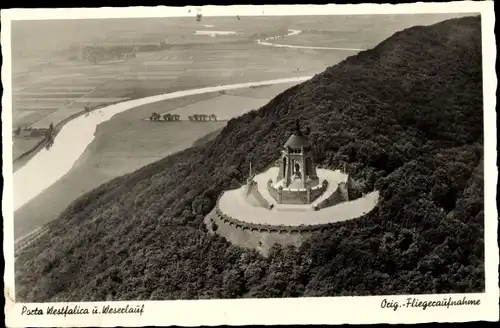 Ak Porta Westfalica an der Weser, Kaiser Wilhelm Denkmal, Fliegeraufnahme