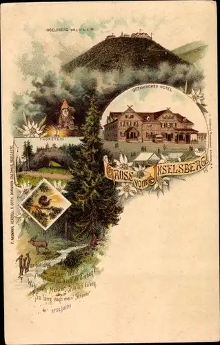 Litho Brotterode Trusetal in Thüringen, Inselsberg, Thorstein, Gothaisches Hotel, Zwerg