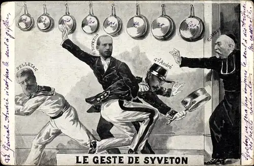 Künstler Ak Le Geste de Syveton, General André, Gabriel Syveton, Combes, Pelletan, Karikatur